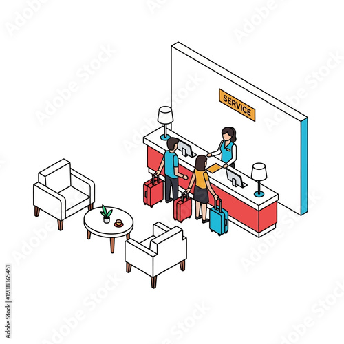 People checking in at hotel reception.