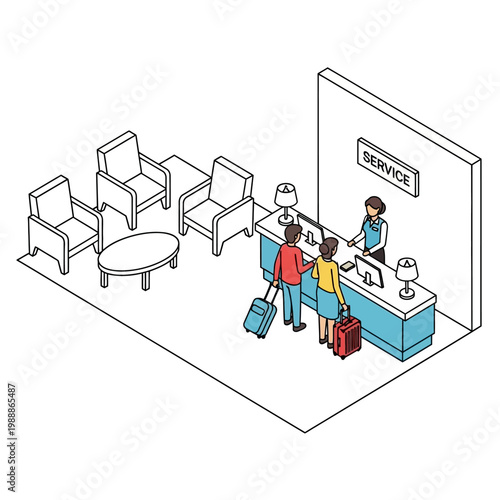 People checking in at hotel reception.