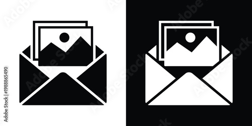 Digital photo attachment and image sharing icon. Open envelope with a landscape photograph inside. Minimalist black and white vector for multimedia messaging and gallery sharing.