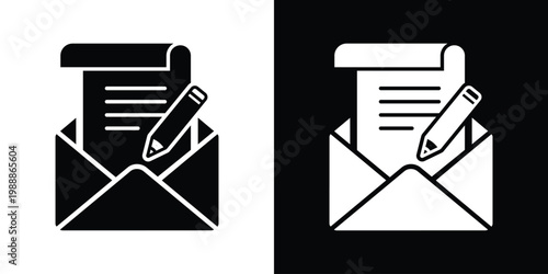 Message configuration and content editing icon. Open envelope with a document, pencil, and gear. Symbol for technical writing, email customization, and draft management.