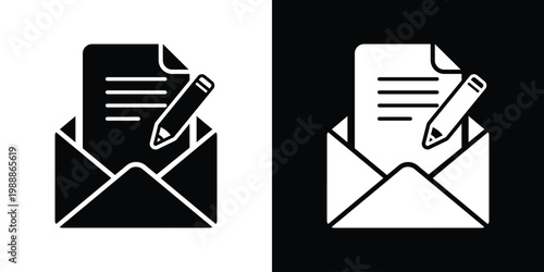Message configuration and content editing icon. Open envelope with a document, pencil, and gear. Symbol for technical writing, email customization, and draft management.