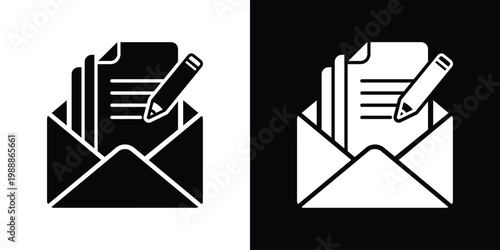 Message configuration and content editing icon. Open envelope with a document, pencil, and gear. Symbol for technical writing, email customization, and draft management.