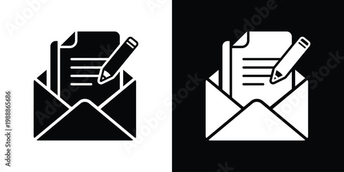 Message configuration and content editing icon. Open envelope with a document, pencil, and gear. Symbol for technical writing, email customization, and draft management.