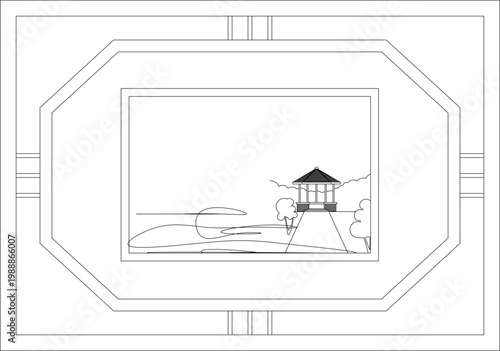 Technical line drawing of a decorative wall panel featuring an elongated octagonal frame surrounding a landscape scene with a lighthouse or pavilion on a hill.