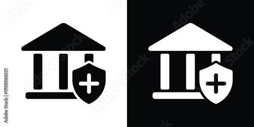 Home security and insurance icon. Black and white vector of a house protected by a shield with a plus sign. Symbolizes residential safety, health coverage, and property protection.