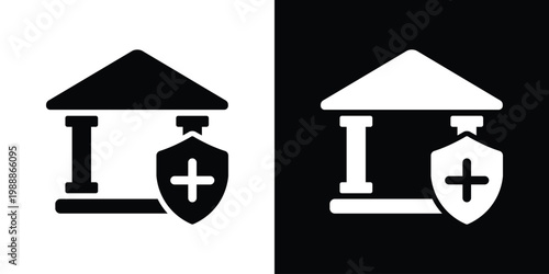 Home security and insurance icon. Black and white vector of a house protected by a shield with a plus sign. Symbolizes residential safety, health coverage, and property protection.