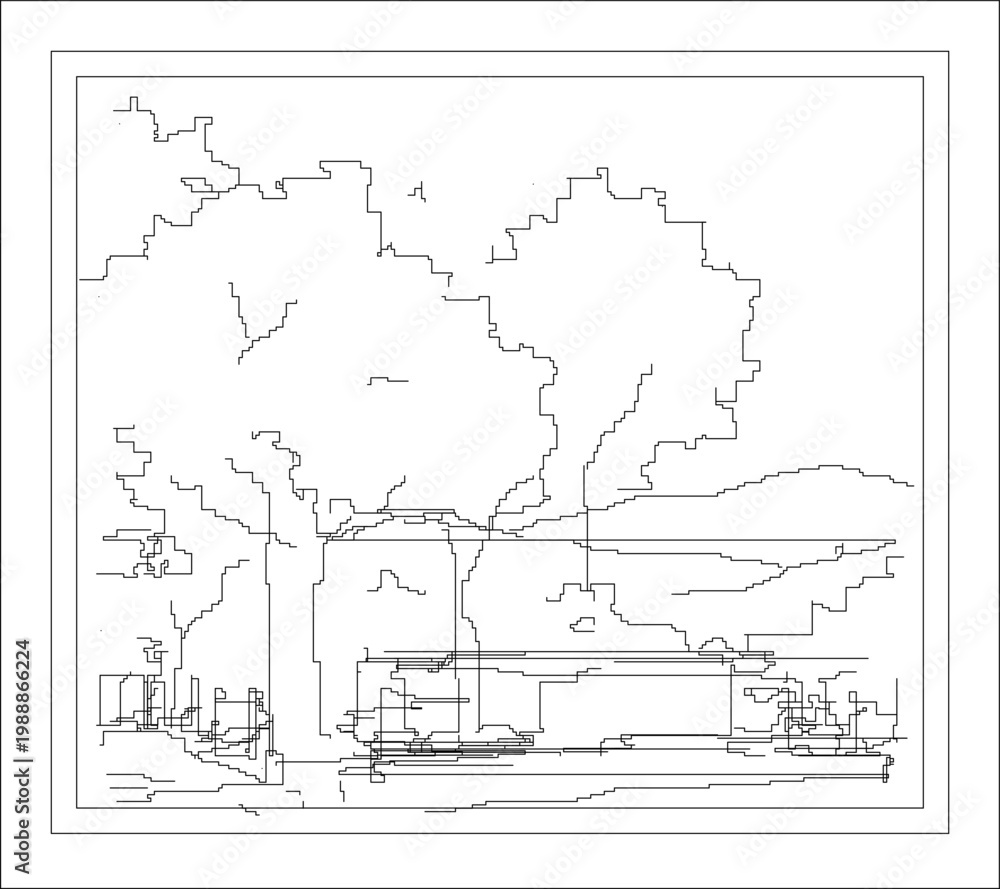 Obraz premium Technical line drawing of an abstract landscape scene featuring jagged tree outlines and horizontal structures resembling a building or dock within a frame.