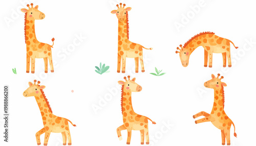 Adorable Cartoon Giraffes Set in Various Poses.