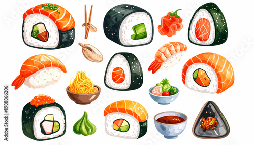 Delicious Japanese Sushi Rolls and Sashimi Collection with Traditional Condiments.