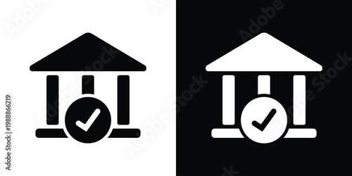 Solid flat icon of a classic building with a checkmark symbol. Symbolizes a verified bank, government institution, approved location, or secure architectural site in a minimalist style.