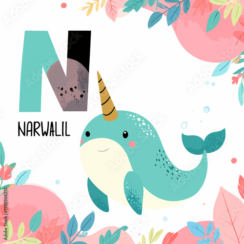 Cute Cartoon Narwhal Illustration with Letter N for Childrens Alphabet Learning.