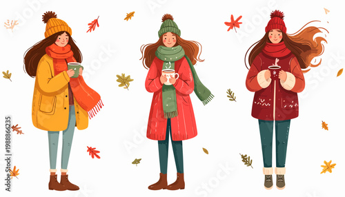 Three Young Women Enjoying Cozy Autumn Winter Fashion.