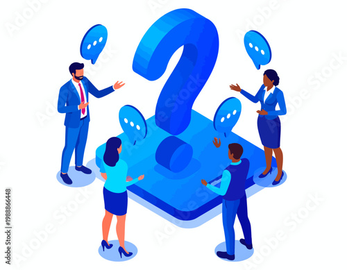 People Standing Around Large Question Mark.