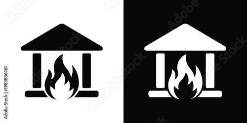Solid icon of a building with flames inside. Represents a house fire, emergency, arson, insurance claim, or disaster symbol for safety and hazard warnings in black and white.
