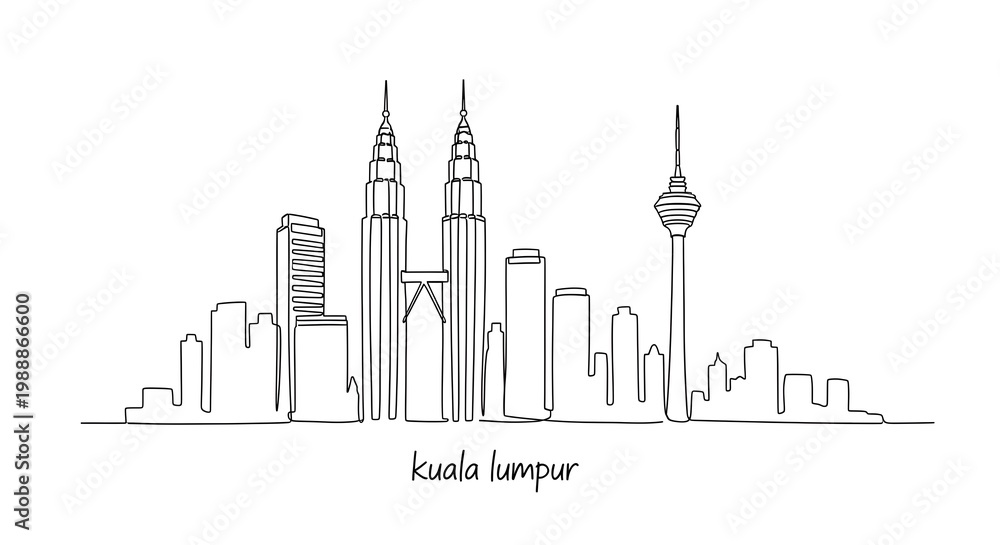 Fototapeta premium Kuala Lumpur Malaysia Skyline Continuous One Line Drawing Art