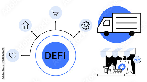 Financial technologies, digital payment systems, e-commerce, logistics solutions, modern healthcare, decentralized platforms. Circular diagram with DEFI text, truck retail store graphic. Financial