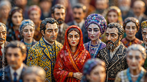 Mosaic figures of diverse people in traditional attire, a vibrant artistic representation