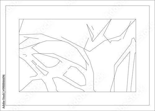 Technical line drawing of an abstract geometric panel design featuring angular fragmented shapes and polygonal forms resembling stylized tree branches or crystalline patterns.