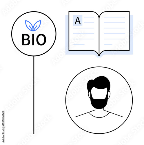 Sustainable living, education, personal identity, organic concepts, self-awareness, eco-friendly . A bio sign with a plant, an open book and a male profile. Sustainable living and education concept