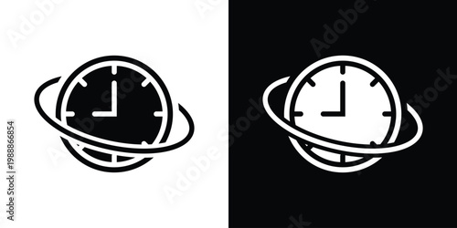 Minimalist line icon of a clock with an orbital ring. Represents global time zones, 24/7 service, world time, deadline management, and international scheduling in a modern style.
