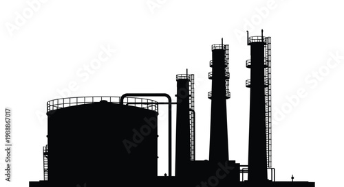A stark silhouette depicts an industrial complex with towers tanks and connecting pipelines against a white background