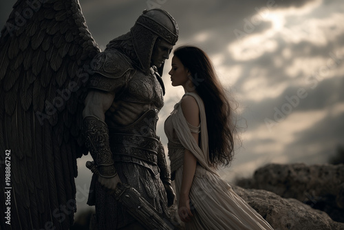 Angel and woman, standing close and speaking to a woman with long black hair