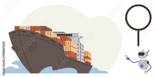 Global logistics, maritime trade, supply chain, AI analysis, shipping inspection, data tracking. A container ship loaded with cargo, robot pointing to a magnifying glass. Logistics and maritime trade