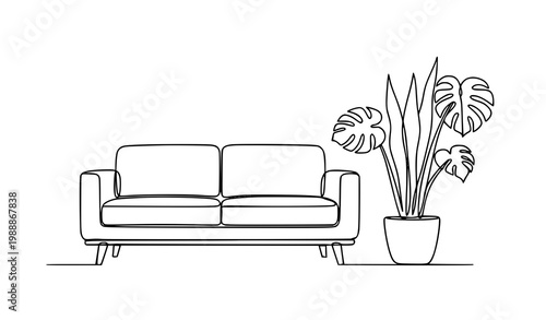 Abstract sofa and plant line art vector