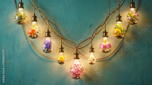 Creative light bulbs filled with vibrant flowers and plants illuminate a textured wall