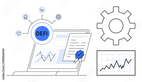 Blockchain, finance, investment strategy, digital services, smart contracts, fintech solutions. Laptop with DeFi chart, certified document and gear illustration. Blockchain and finance