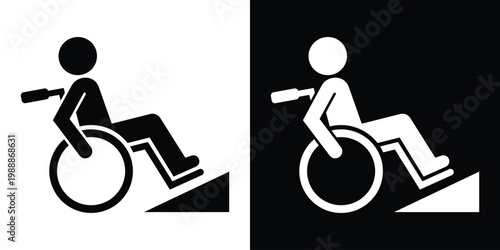 Vector icon of a person in a wheelchair navigating a ramp. Represents accessibility, disability rights, and inclusive architectural design in a clean, flat black and white style.