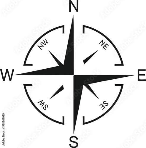 Compass direction tool indicates navigation paths for global travel.