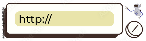 Internet technology, browsing habits, web development, communication tools, programming, virtual assistance. Browser search bar with HTTP prefix and digital robot. Internet technology and browsing