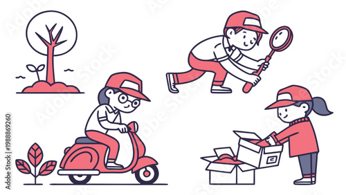 Set of Minimalist Vector Illustrations Featuring Youth Volunteers Planting Trees, Delivering Goods, and Exploring Nature