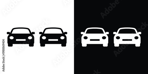 Front view of two modern passenger car icon. Clean minimalist flat vector design representing transportation, automotive industry, vehicle rental, and urban driving. Isolated on contrast backgrounds.
