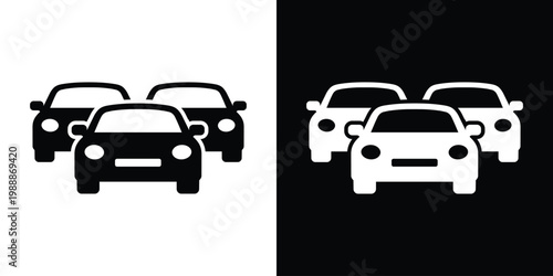 Two passenger cars in a row representing a fleet or traffic. Vector icon for car sharing, dealership, parking management, automotive sales, and transportation logistics. Black and white set.
