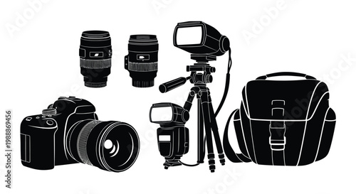 Photography equipment collection cameras lenses tripod and camera bag