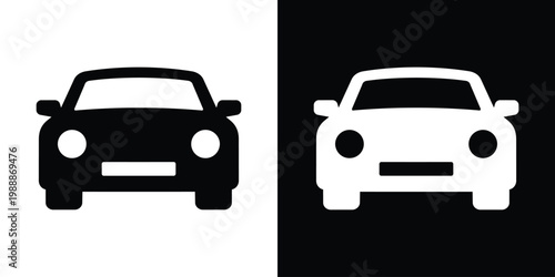 Front view of a modern passenger car icon. Clean minimalist flat vector design representing transportation, automotive industry, vehicle rental, and urban driving. Isolated on contrast backgrounds.