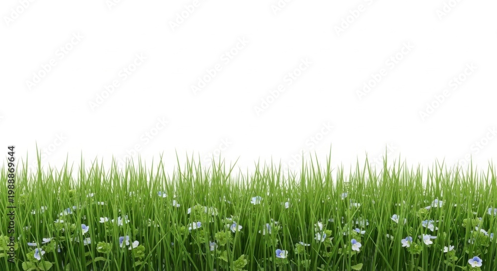 Fototapeta premium Green Grass and Wildflowers Meadow Border Isolated on White Background