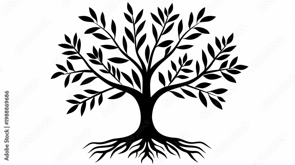 Obraz premium Black tree silhouette simple graphic with leaves and roots on white background