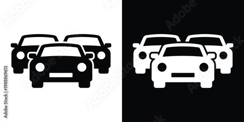 Two passenger cars in a row representing a fleet or traffic. Vector icon for car sharing, dealership, parking management, automotive sales, and transportation logistics. Black and white set.