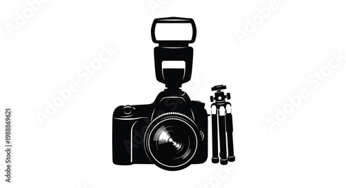 Black and white illustration of a camera flash and tripod