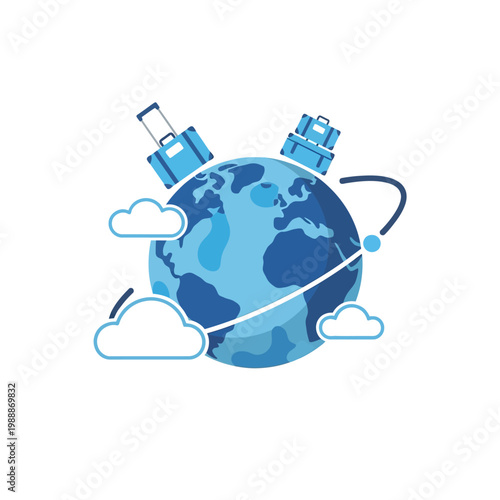 Blue suitcases on planet earth with clouds and travel path