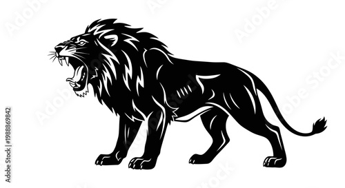 Roaring lion illustration in black and white against a clean white background
