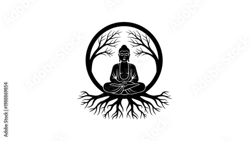 Meditating buddha silhouette within tree circle symbolizing peace and enlightenment