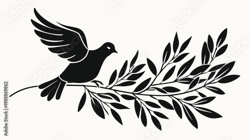 Black dove with olive branch vector illustration for peace and symbolism