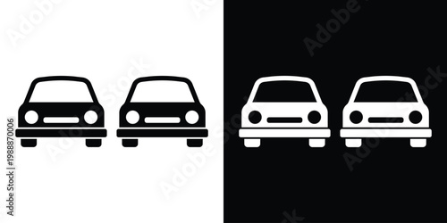 Two passenger cars in a row representing a fleet or traffic. Vector icon for car sharing, dealership, parking management, automotive sales, and transportation logistics. Black and white set.