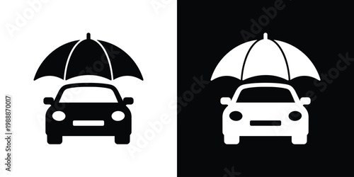 one cars under an umbrella icon symbolizing vehicle insurance and protection. Vector graphic representing safety, security, coverage, risk management, and automotive care services.
