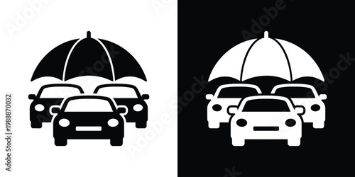Two cars under an umbrella icon symbolizing vehicle insurance and protection. Vector graphic representing safety, security, coverage, risk management, and automotive care services.