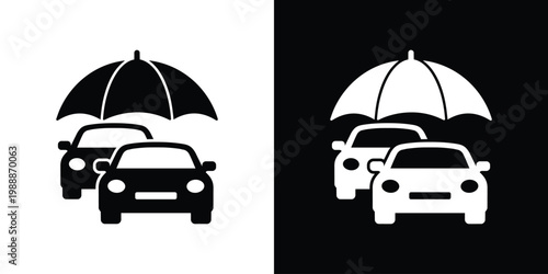 Two cars under an umbrella icon symbolizing vehicle insurance and protection. Vector graphic representing safety, security, coverage, risk management, and automotive care services.